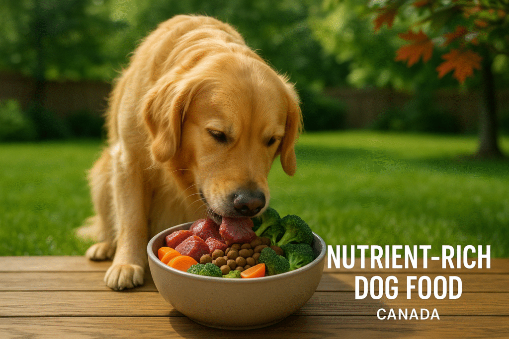 Healthy golden retriever enjoying nutrient-dense dog food outdoors in Canada with natural ingredients like meat, broccoli, and carrots