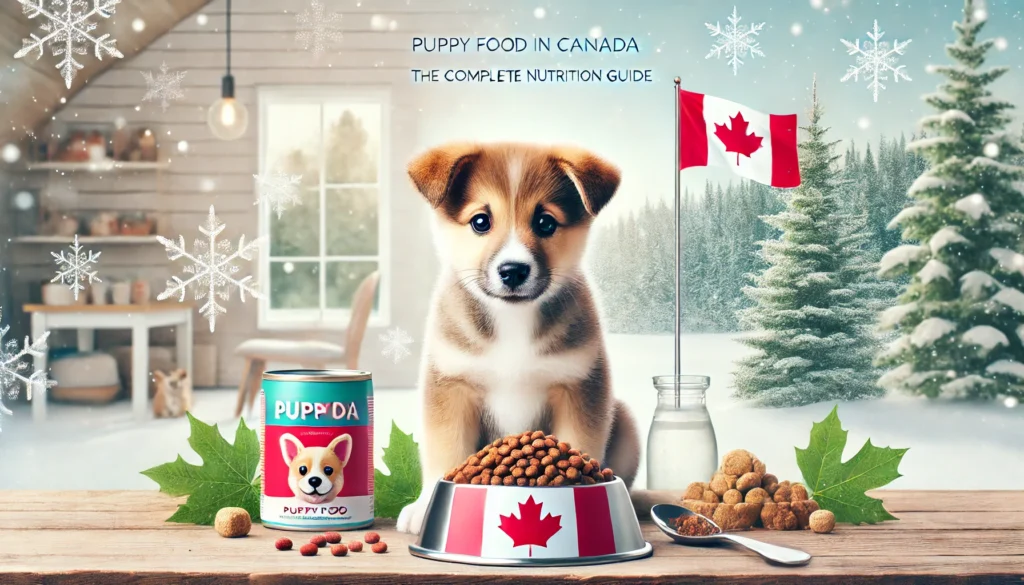 Healthy puppy eating nutritious food in a cozy Canadian setting with pine trees, snowflakes, and a maple leaf, promoting a complete guide to puppy food in Canada.