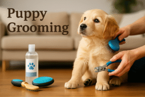 Puppy grooming session with a golden retriever puppy being brushed and having nails trimmed at home
