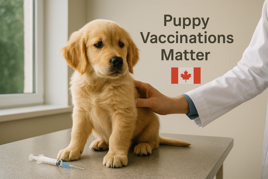 Golden retriever puppy at a veterinary clinic receiving vaccinations in Canada
