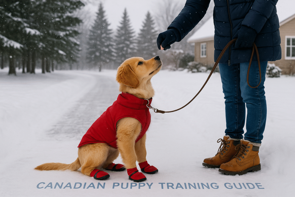 Puppy training during Canadian winter with golden retriever wearing red coat and booties sitting on snow path