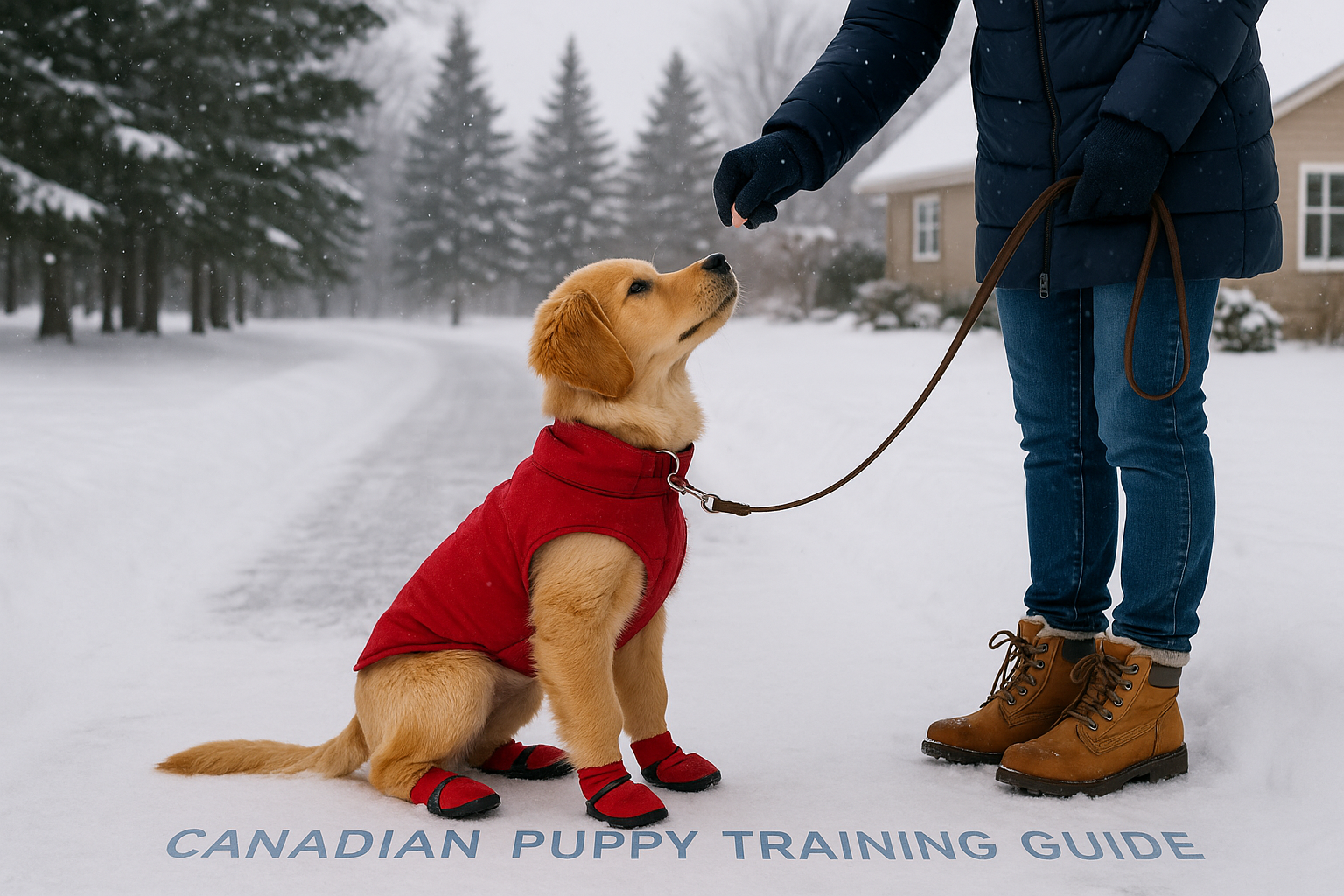 Puppy training during Canadian winter with golden retriever wearing red coat and booties sitting on snow path