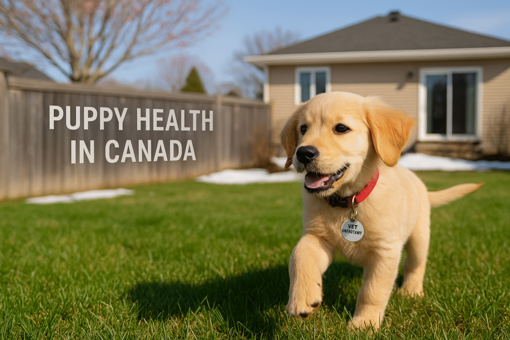 Golden retriever puppy playing in a Canadian backyard in early spring, symbolizing Puppy Health and seasonal care tips for new dog owners