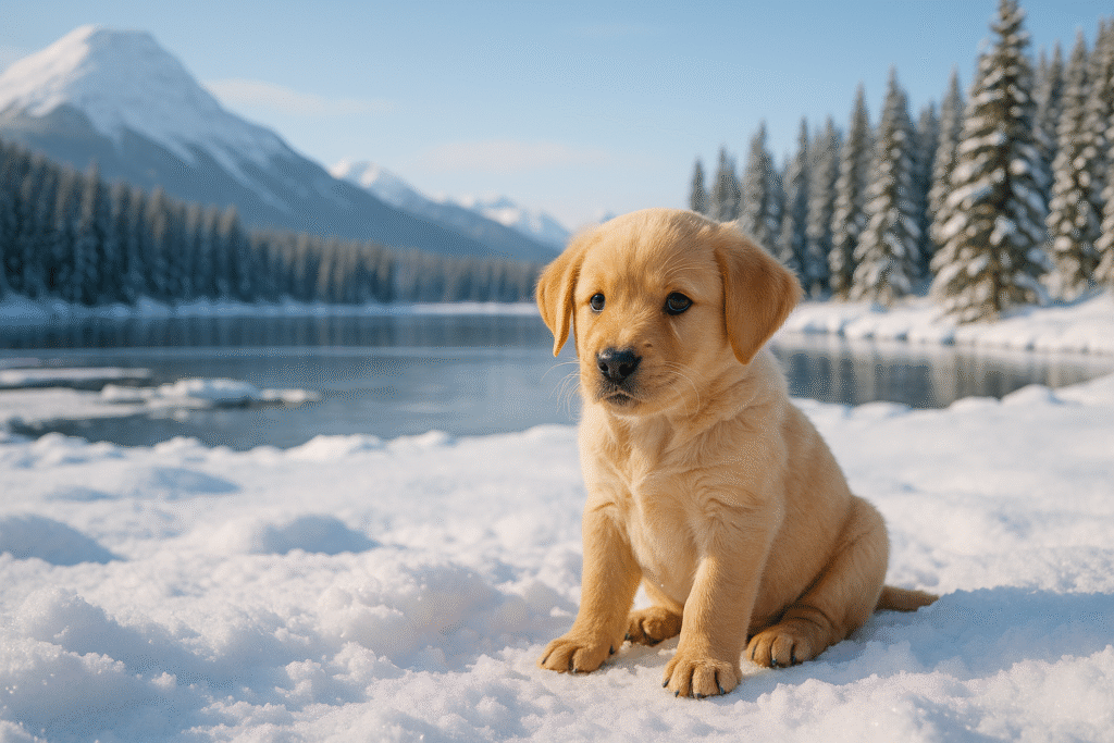 Young puppy sitting in Canadian snow near a lake and forest, showing calm and curious puppy behavior in a cold climate.
