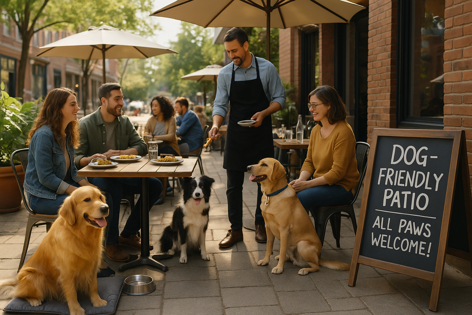 Outdoor patio of a dog-friendly restaurant in Canada with people dining alongside their dogs in a warm, welcoming atmosphere