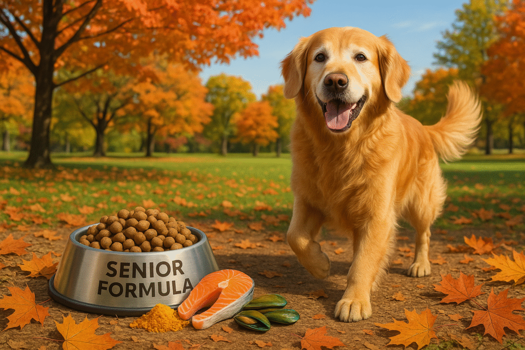 Healthy senior Golden Retriever enjoying a walk in a Canadian park during autumn, beside a dog food bowl labeled "Senior Formula" featuring ingredients like salmon, turmeric, and green-lipped mussels — promoting Senior Dog Food benefits for joint health and mobility.