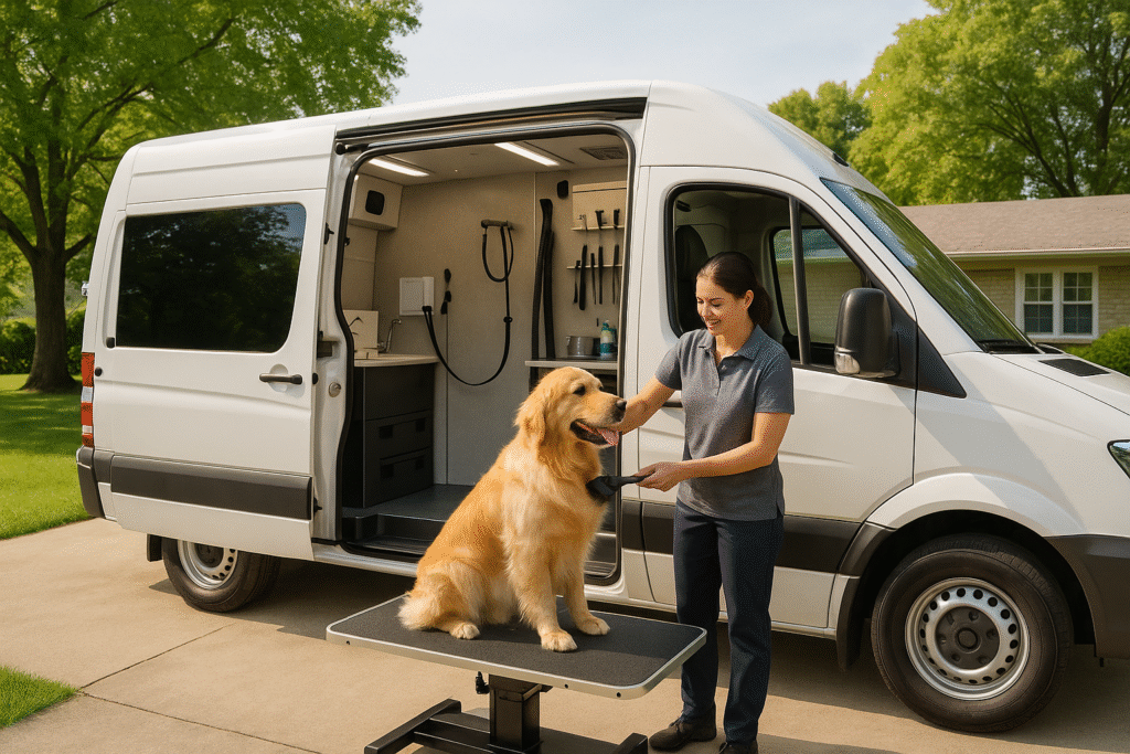 Mobile dog grooming van in Canada with a groomer brushing a golden retriever in a suburban driveway