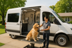 Mobile dog grooming van in Canada with a groomer brushing a golden retriever in a suburban driveway